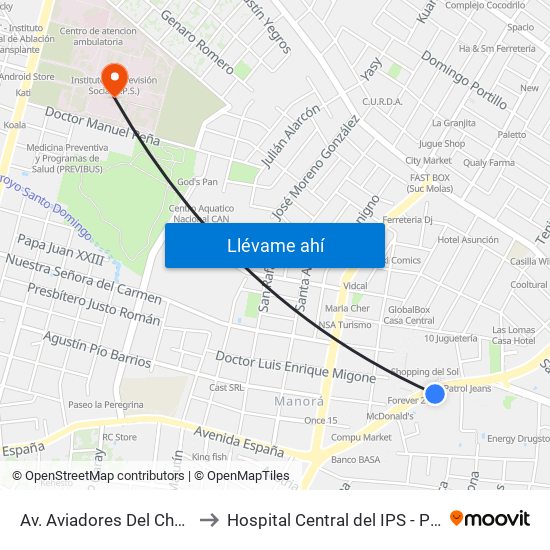 Av. Aviadores Del Chaco X Frutos De González to Hospital Central del IPS - Pediatría 3er Piso (Lactantes II) map