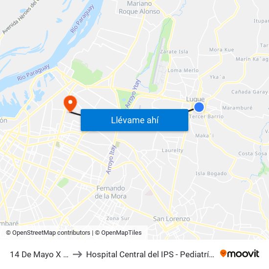 14 De Mayo X Balderrama to Hospital Central del IPS - Pediatría 3er Piso (Lactantes II) map