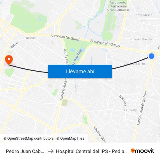 Pedro Juan Caballero X Herrera to Hospital Central del IPS - Pediatría 3er Piso (Lactantes II) map