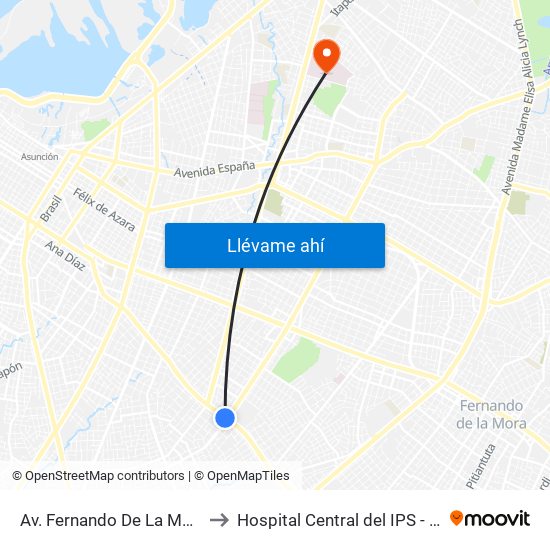 Av. Fernando De La Mora X Av. República Argentina to Hospital Central del IPS - Pediatría 3er Piso (Lactantes II) map