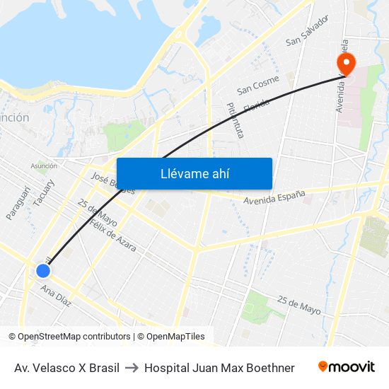 Av. Velasco X Brasil to Hospital Juan Max Boethner map