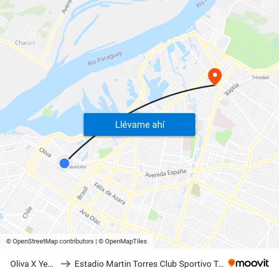 Oliva X Yegros to Estadio Martin Torres Club Sportivo Trinidense map