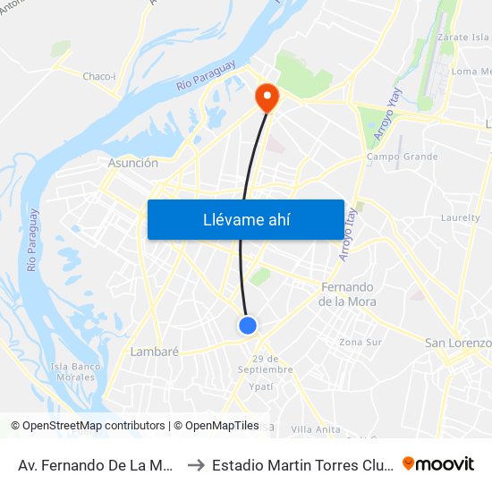 Av. Fernando De La Mora X De La Victoria to Estadio Martin Torres Club Sportivo Trinidense map