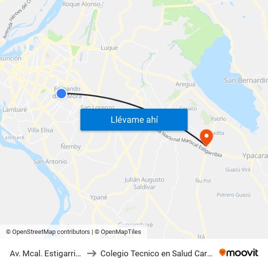 Av. Mcal. Estigarribia X 14 De Mayo to Colegio Tecnico en Salud Carmen Casco de Lara Castro map