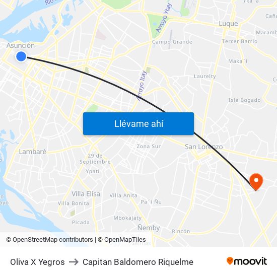 Oliva X Yegros to Capitan Baldomero Riquelme map