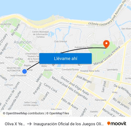 Oliva X Yegros to Inauguración Oficial de los Juegos Olímpicos 2012 map