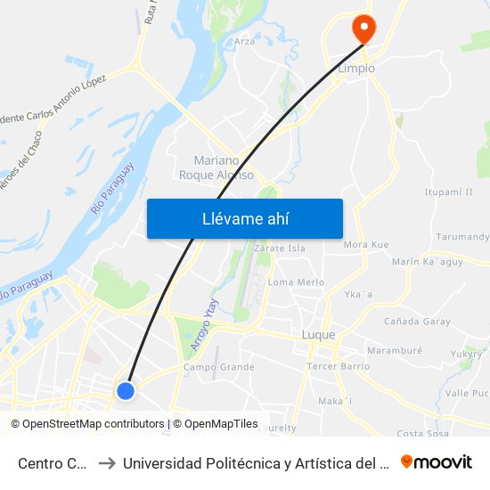 Centro Comercial to Universidad Politécnica y Artística del Paraguay - UPAP - Limpio map