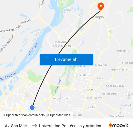 Av. San Martín X Austria to Universidad Politécnica y Artística del Paraguay - UPAP - Limpio map