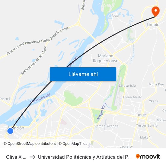 Oliva X Ayolas to Universidad Politécnica y Artística del Paraguay - UPAP - Limpio map