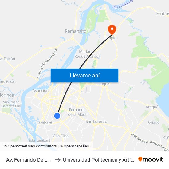 Av. Fernando De La Mora X Av. Argentina to Universidad Politécnica y Artística del Paraguay - UPAP - Limpio map