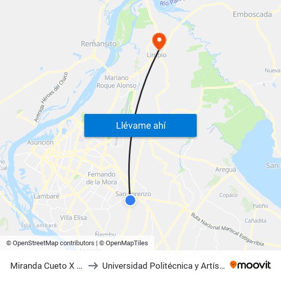 Miranda Cueto X Mariscal Estigarribia to Universidad Politécnica y Artística del Paraguay - UPAP - Limpio map