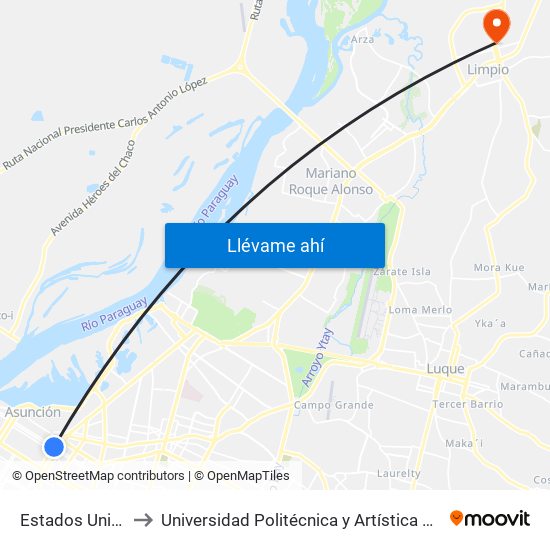 Estados Unidos X Azara to Universidad Politécnica y Artística del Paraguay - UPAP - Limpio map