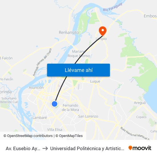 Av. Eusebio Ayala X Nazareth to Universidad Politécnica y Artística del Paraguay - UPAP - Limpio map