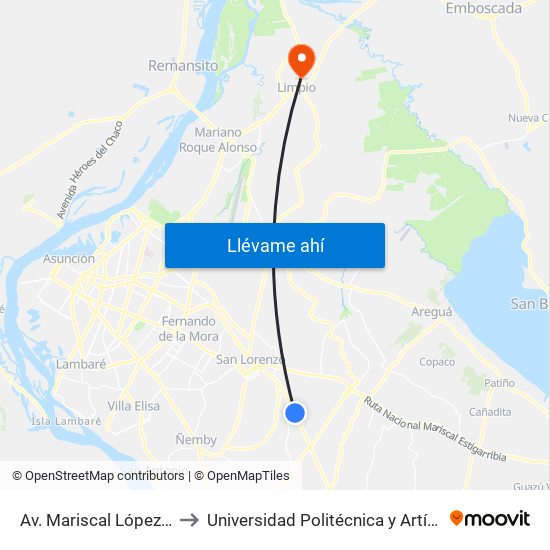 Av. Mariscal López (Parada Km. 17 (1/2)) to Universidad Politécnica y Artística del Paraguay - UPAP - Limpio map