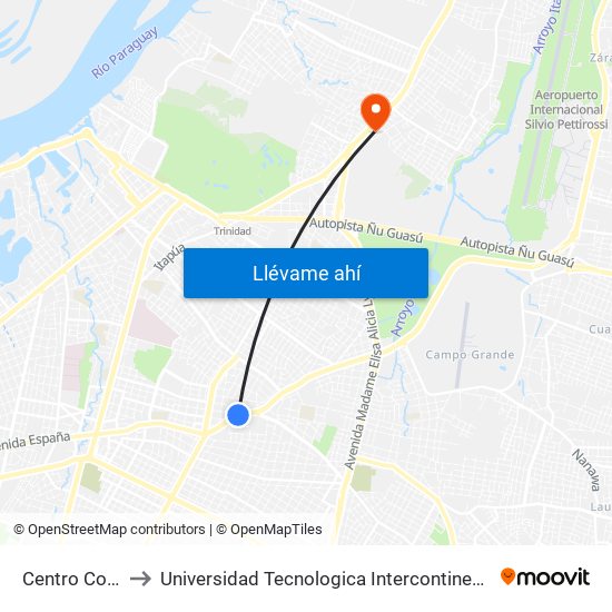 Centro Comercial to Universidad Tecnologica Intercontinental - Sede Loma Pytã map