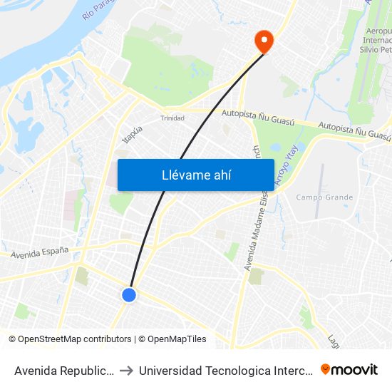 Avenida Republica Argentina, 201 to Universidad Tecnologica Intercontinental - Sede Loma Pytã map