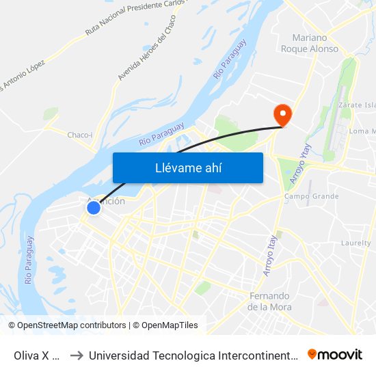 Oliva X Ayolas to Universidad Tecnologica Intercontinental - Sede Loma Pytã map