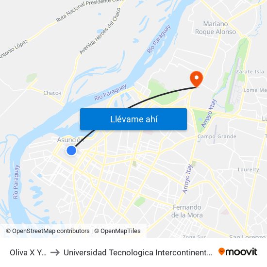 Oliva X Yegros to Universidad Tecnologica Intercontinental - Sede Loma Pytã map