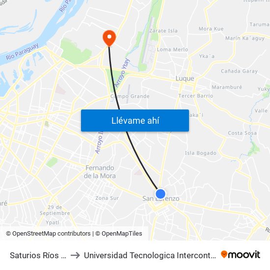 Saturios Ríos X Dr. Pellón to Universidad Tecnologica Intercontinental - Sede Loma Pytã map