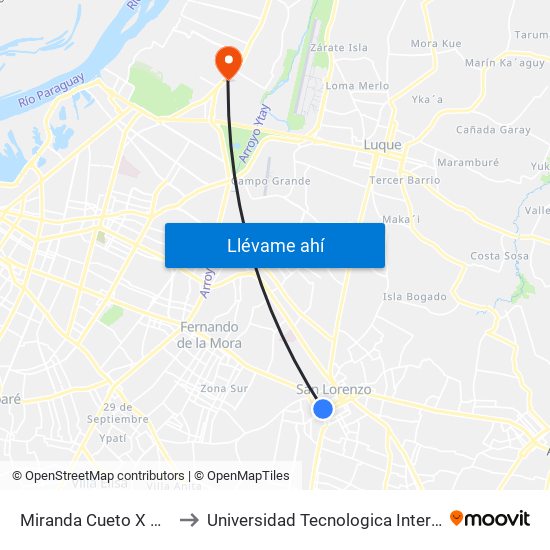 Miranda Cueto X Mariscal Estigarribia to Universidad Tecnologica Intercontinental - Sede Loma Pytã map