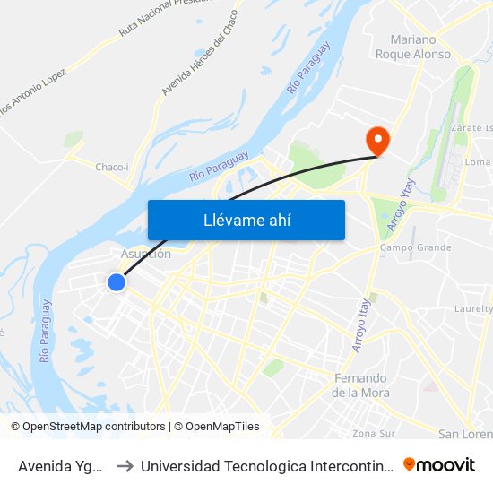 Avenida Ygatimi, 880 to Universidad Tecnologica Intercontinental - Sede Loma Pytã map