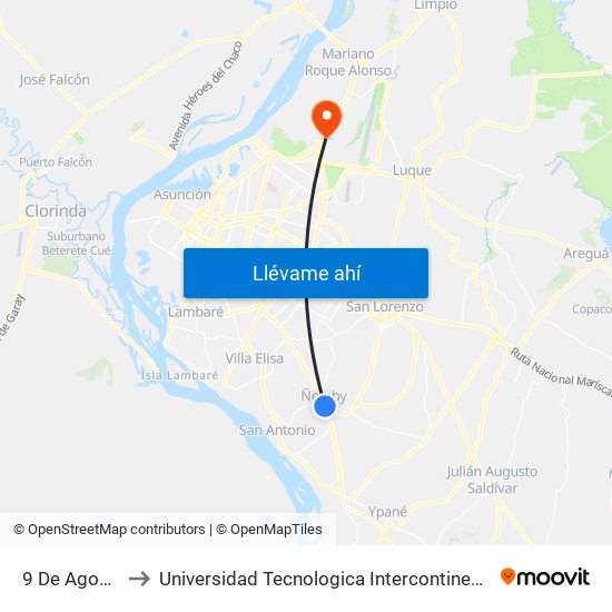 9 De Agosto, 345 to Universidad Tecnologica Intercontinental - Sede Loma Pytã map