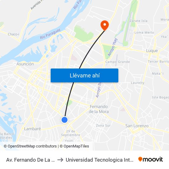 Av. Fernando De La Mora X De La Victoria to Universidad Tecnologica Intercontinental - Sede Loma Pytã map