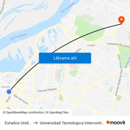 Estados Unidos X Azara to Universidad Tecnologica Intercontinental - Sede Loma Pytã map