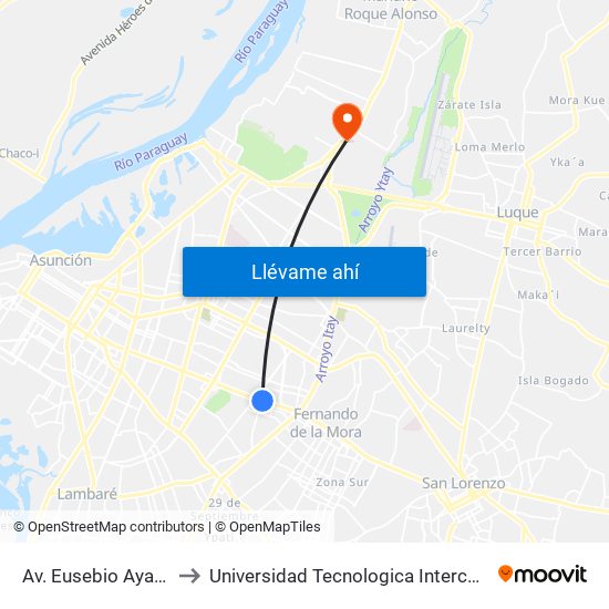 Av. Eusebio Ayala X Félix Lopéz to Universidad Tecnologica Intercontinental - Sede Loma Pytã map