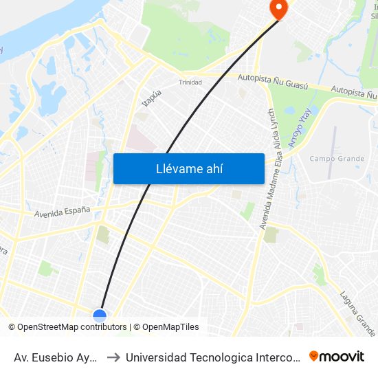 Av. Eusebio Ayala X Nazareth to Universidad Tecnologica Intercontinental - Sede Loma Pytã map