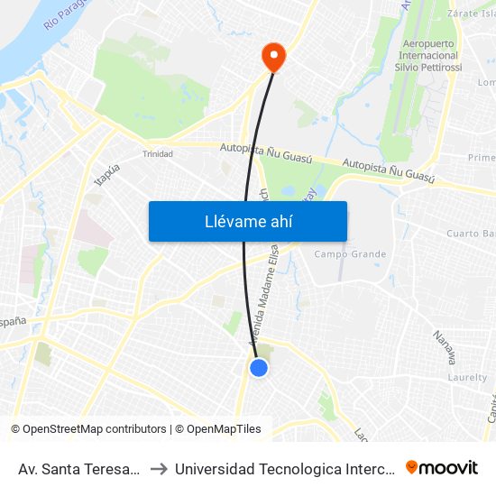 Av. Santa Teresa Y Arturo Pereira to Universidad Tecnologica Intercontinental - Sede Loma Pytã map