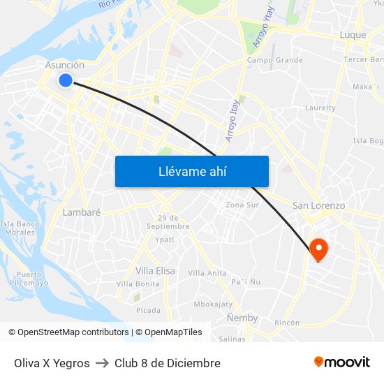 Oliva X Yegros to Club 8 de Diciembre map