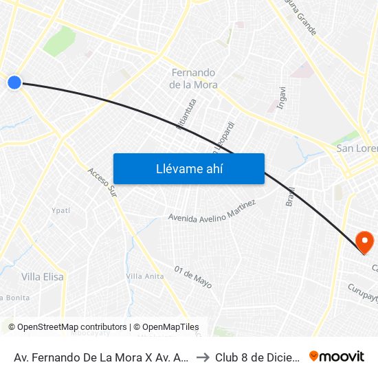Av. Fernando De La Mora X Av. Argentina to Club 8 de Diciembre map