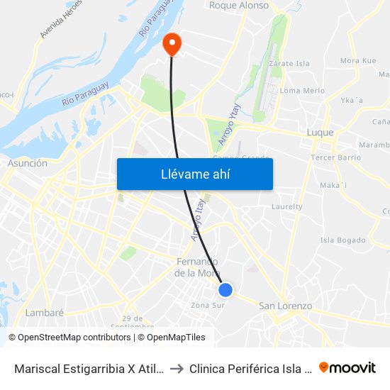 Mariscal Estigarribia X Atilio Galfre to Clinica Periférica Isla Po'i IPS map