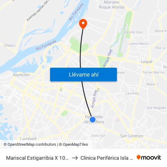 Mariscal Estigarribia X 10 De Julio to Clinica Periférica Isla Po'i IPS map