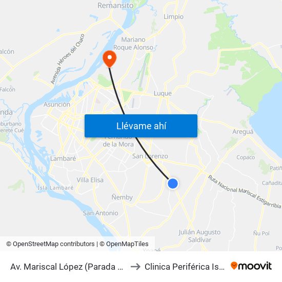 Av. Mariscal López (Parada Km. 17 (1/2)) to Clinica Periférica Isla Po'i IPS map