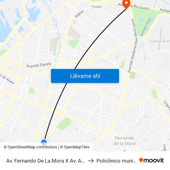 Av. Fernando De La Mora X Av. Argentina to Policlinico municipal map