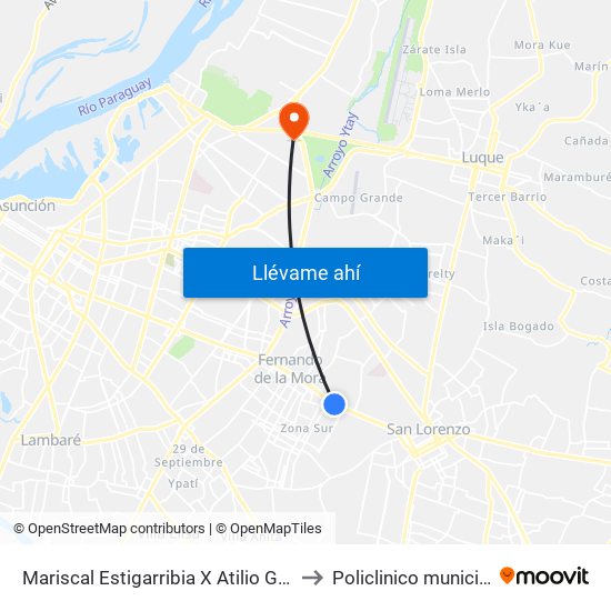 Mariscal Estigarribia X Atilio Galfre to Policlinico municipal map