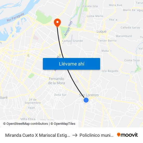 Miranda Cueto X Mariscal Estigarribia to Policlinico municipal map