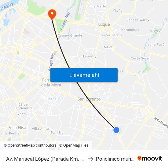Av. Mariscal López (Parada Km. 17 (1/2)) to Policlinico municipal map