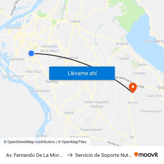 Av. Fernando De La Mora X Universitarios Del Chaco to Servicio de Soporte Nutricional y Metabólico - HNI map