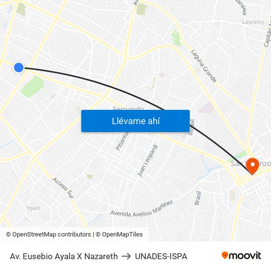 Av. Eusebio Ayala X Nazareth to UNADES-ISPA map