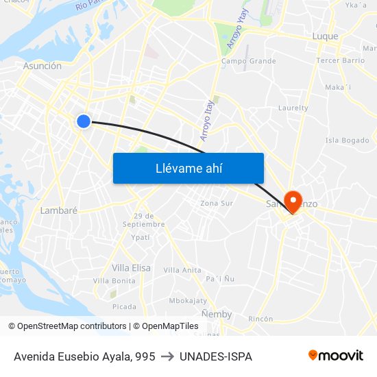Avenida Eusebio Ayala, 995 to UNADES-ISPA map