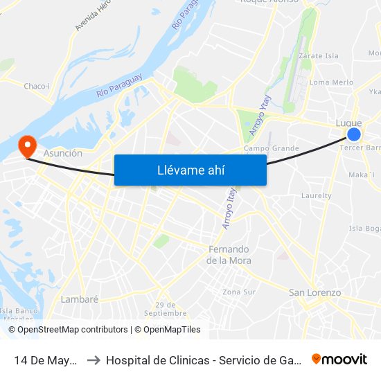 14 De Mayo X Balderrama to Hospital de Clinicas - Servicio de Gastroenterología y Endoscopía - FCM UNA map