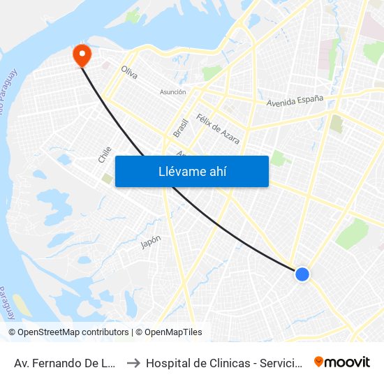 Av. Fernando De La Mora X Av. República Argentina to Hospital de Clinicas - Servicio de Gastroenterología y Endoscopía - FCM UNA map