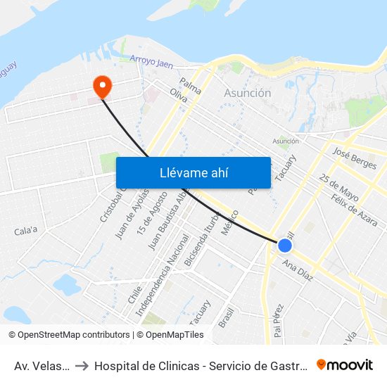 Av. Velasco X Brasil to Hospital de Clinicas - Servicio de Gastroenterología y Endoscopía - FCM UNA map