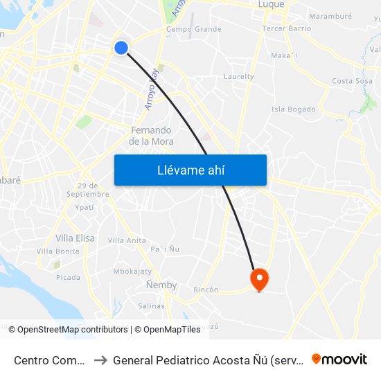 Centro Comercial to General Pediatrico Acosta Ñú (serv. Lactario) map