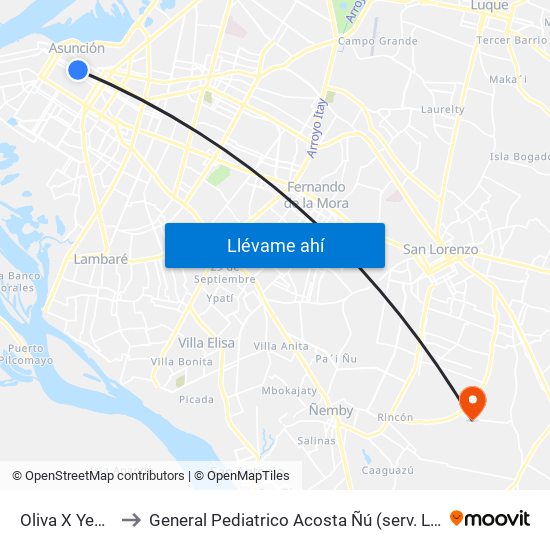 Oliva X Yegros to General Pediatrico Acosta Ñú (serv. Lactario) map