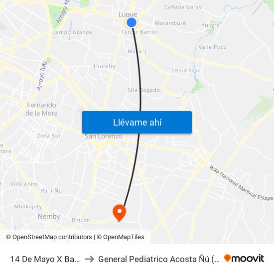 14 De Mayo X Balderrama to General Pediatrico Acosta Ñú (serv. Lactario) map