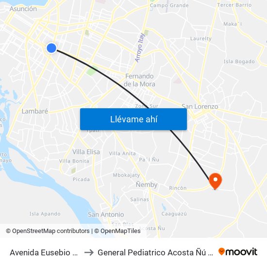 Avenida Eusebio Ayala, 803 to General Pediatrico Acosta Ñú (serv. Lactario) map